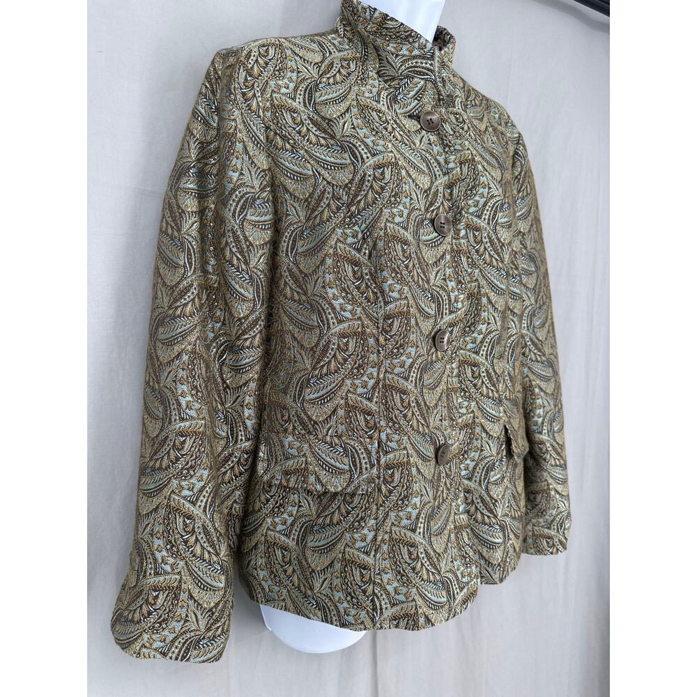 90s Vintage Jacket Womens Medium Brown Paisley Blue Jacquard Tapestry Gold Boho - Picture 4 of 9